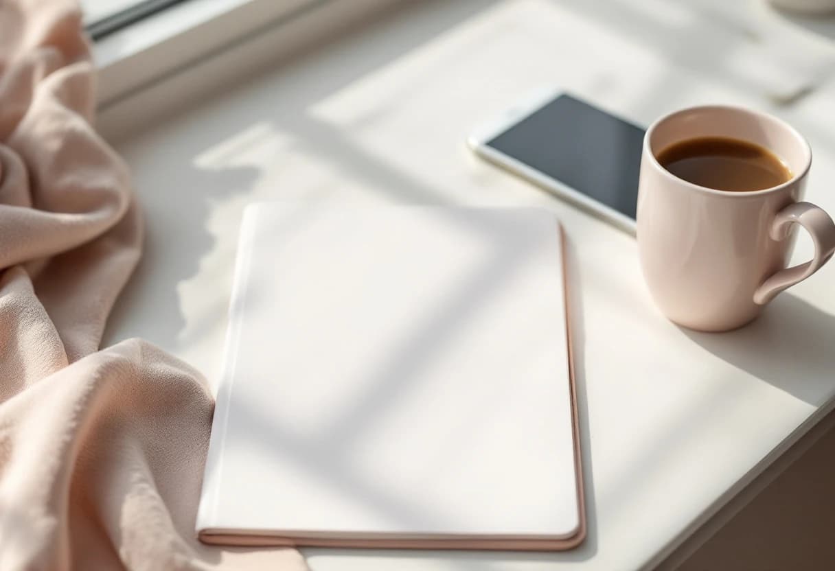 Zamknięty notes, filiżanka kawy i telefon na jasnym blacie