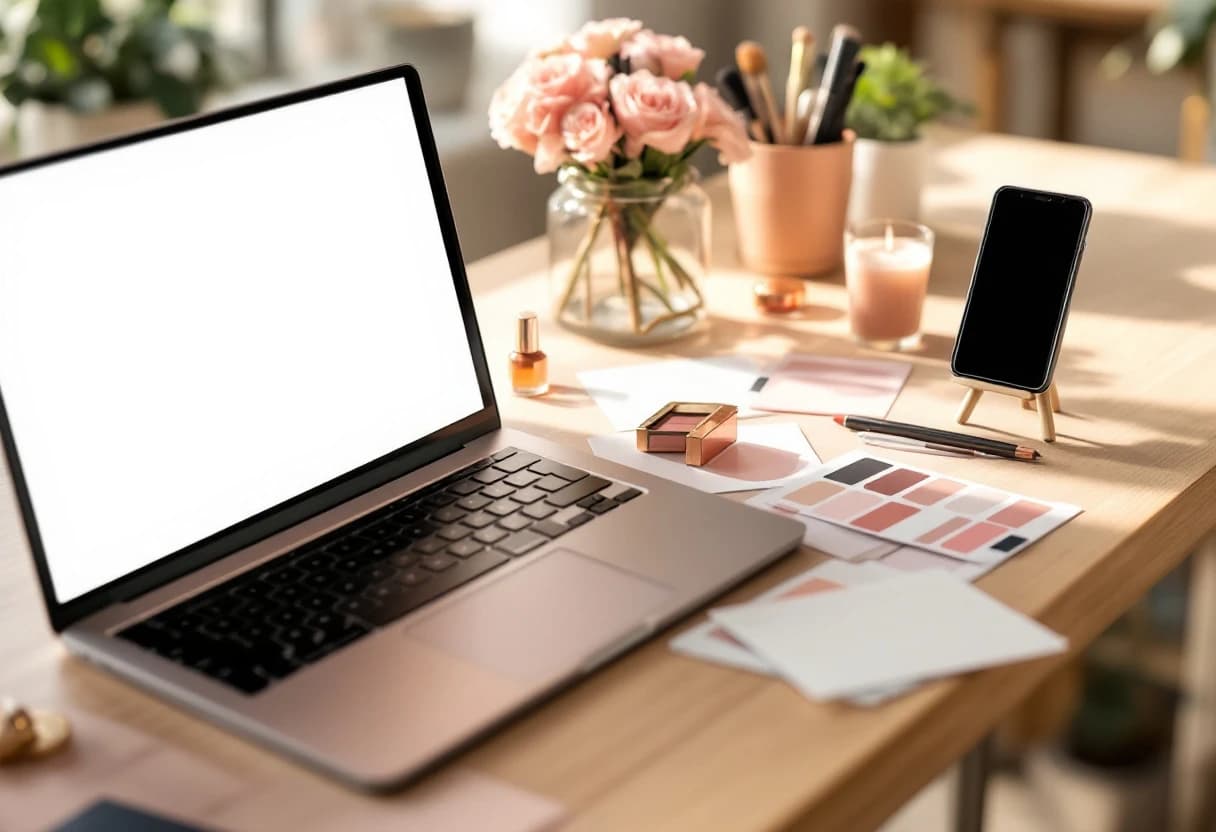 Biurko w trakcie wdrożenia: laptop, próbki kolorów i telefon na statywie